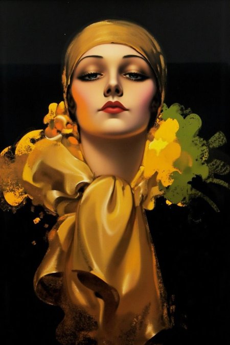 rolfarmstrong1 illustration.
A woman with a serene and elegant expression. She is dressed in black and wearing a golden headscarf. Her eyes are accentuated with dark eyeliner, and her lips are painted bold red. The background is a blend of dark and vibrant colors with splashes of green and yellow. <lora:rolfarmstrong1_cap_d8a4:1.0><lora:862565216548864898:0>