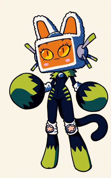 score_9, score_8_up, score_7_up,((best quality)), absurdres, ((full body)), <lora:BolivanteStyle:0.8>,  <lora:PADIPXL:0.8>,PADIPXL,featureless feet, orange eyes, yellow eyes, knee pads, fake animal ears, bodysuit, animal hands, cat ears, tail, cat tail,white background, blush stickers,slim, standing