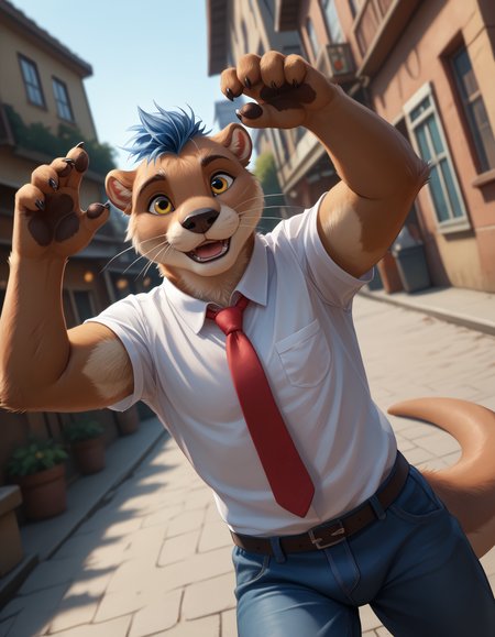 score_9, score_8_up, score_7_up, rating_safe, detailed, <lora:add-detail-xl:2.5>, anthro, furry, dutch angle, high quality, hires, detailed background, easynegative, pose, <lora:Zazush-una_Artist_Style-000029.safetensors:1.4>, (by Zazush-una:1.4),  <lora:ottis_the_otter_v1-09.safetensors:0.7> ott1s_the_0tter, (otter:1.1), male focus, clothing, joy, smile, open mouth, blue hair, shirt, pants, (red necktie:1.1), happy, yellow eyes