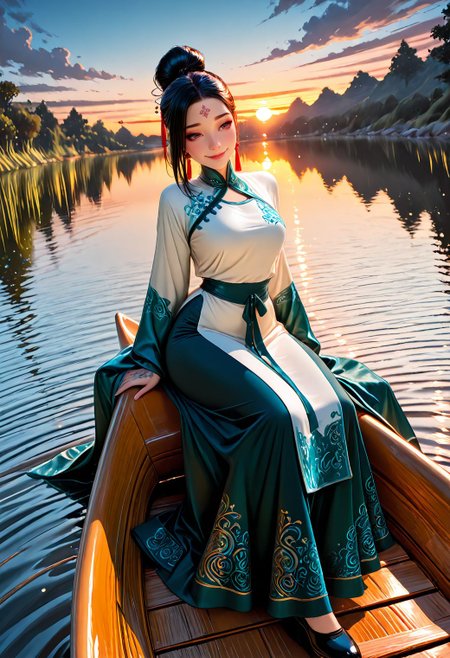SmoothNoob_Quality, 1girl, intricate linework with expressive contrasts, henna  portrait of a chinese woman sitting on a canoe,  sunset, calm lake, reflection. dynamic angle, full body. scenery. smile, <lora:Smooth_Booster:0.5>  <lora:IncaseStyle_NoobAI:0.3> <lora:All_Disney_Princess_-_Illustrious:0.2>
