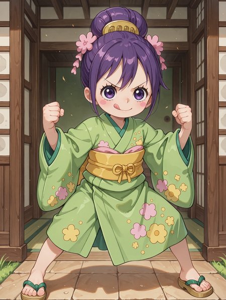 ultra-detailed, ultra-detailed background, ultra-detailed eyes, hair between eyes, 1girl, <lora:Tama_Kurozumi_-_One_Piece__Illustrious:0.8>, child, purple hair, shimada hairstyle, hair bun, purple eyes, eyelashes, one piece wano style, hair ornaments, pink cheeks, green kimono, yellow sash, patched kimono, japanese sandals, loose clothes, standing, fighting stance, spread feet, detailed toes, v-shaped eyebrows, licking lips, clenched hands, <lora:hand 5.5_903007:0.1>, well-defined fingers, ultra-detailed fingers, <lora:illustriousXL_stabilizer_v1.7_1135253:0.1>, <lora:spo_sdxl_10ep_4k-data_lora_webui_482964:1>, <lora:Hyper-SDXL-8steps-lora:0.5>, <lora:add-detail-xl:1>, general, masterpiece, best quality, amazing quality, very aesthetic, absurdres,