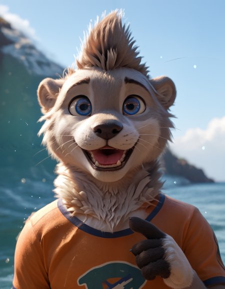 score_9, score_8_up, score_7_up, BREAK rating_safe,  detailed, cinematic lighting, hdr, particles, masterpiece, best quality, ultra realistic, 4k, 2k, film photography, RAW photo, photorealistic, analog style, subsurface scattering, photorealism, fluffy fur, detailed fur, <lora:add-detail-xl:3.0>, <lora:2.5DRealisticV2.safetensors:0.25>, <lora:sinfully_stylish_SDXL.safetensors:1.0>,  <lora:AdvancedEnhancerXLv2.safetensors:1.0>, dutch angle, (detailed background:1.1), <lora:olive_xylious-10.safetensors:1.0> olive_xylious, anthro, male, solo, male focus, 1boy, clothing, orange shirt, furry, furry male, otter, fur, tail, hi res, blue eyes, :3, upper body, close up, looking at viewer, hand greeting, pawpads, palm forward, wave, hand up yawning, black stripes