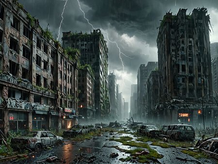 sharp focus, decaying buildings of a advanced civilization,   rain, angry skies, lightning   8k, masterpiece,  dramatic lighting <lora:addMoreDetails:1> Ultra details++ , add more details <lora:dvr-lnds-sdxl:1> dvr-lnds-sdxl