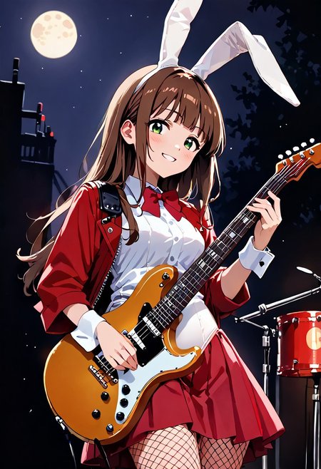 (masterpiece), (score_9, score_8_up, score_7_up,source_anime), 4K8K,
 (solo), Japanese cute woman playing_instrument, electric_guitar, oval-faced, standing, bunny girl, hime style hair, (hair over shoulder),
(brown hair, wavy long hair, heme cut hair, green eyes, tareme, edge down eyes:1.2), blush, smirk, 
(medium figure),(pointy breasts), 
(white leotard, white bunny-girl uniform, rap-skirt, wrist cuffs, bowtie, fishnet tights:1.2), 
(in the rooftop at moon night:1.2),(Dark background),