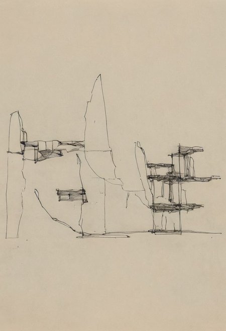 a professional hand sketch of architecture,
(POV view , DOF, first people view from the entrance, low angle shot:1.4),
(Ancient civilization, Alien Prometheus movie scene, dune movie scene:1.5), (The colonial city of the future, in the mist-filled Grand Canyon, on an unknown Earth-like planet, 2 moon on sky, Spaceship flight connects colonies, waterfulls:1.3), (Machu Picchu, a mountain settlement, incredibly spectacular:1.2), (Mario Botta:1.3), (avant-garde, future, reality, science fiction, photorealistic), (modern architecture:1.2), White limestone with black granite, fountain, waterfall, landmark, square, path, narrow street,
(Large Files, Ultra Realistic, 8K, 16k, FHD, HD, VFX, Perfect, Photography, composition, Architecture Sales Photography, Architecture Competition, Ultra High Resolution, Cinematography, High Resolution Image:1.1), (dramatic lighting, direct sunlight, ray tracing, clear shadow:1.2),  (real landscape:1.1), (blurred background:1.0), (urban background, more_details) ,
great lighting, extremely detailed, hillscastel, Neo Classic, Architecture sketch