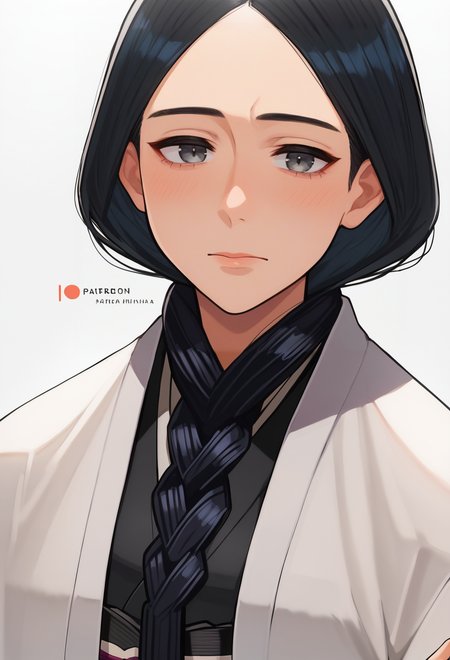 score_9, score_8_up, score_7_up,  source_anime,BREAK, 1girl, solo, (unohana retsu, single braid, black kimono, white coat ) light smile, <lora:UnohanaRetsuPONYXL:0.7>, simple background, yomu_(sgt_epper)