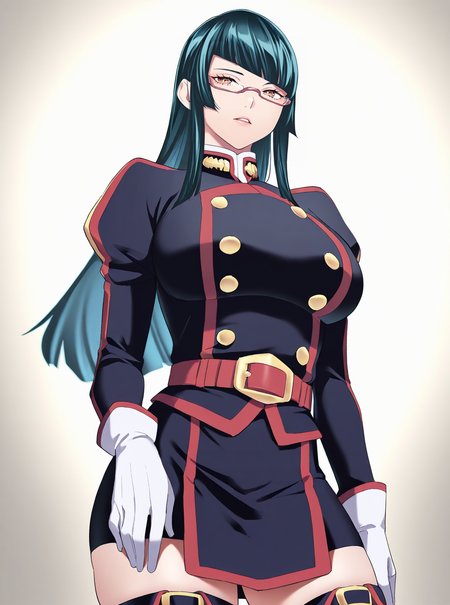 masterpiece,best quality,mature female,
<lora:azuma_maia:1>,azuma_maia,1girl,glasses,long hair,solo,breasts,gloves,yellow eyes,large breasts,thighhighs,black hair,looking at viewer,bangs,white gloves,skirt,red-framed eyewear,