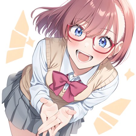 amano_ririsa, 1girl, solo, glasses, skirt, school uniform, white background, shirt, own hands together, bow, simple background, open mouth, smile, grey skirt, blush, red-framed eyewear, sweater vest, short hair, maroon hair, five finger<lora:XL-AmanoRirisa:1>