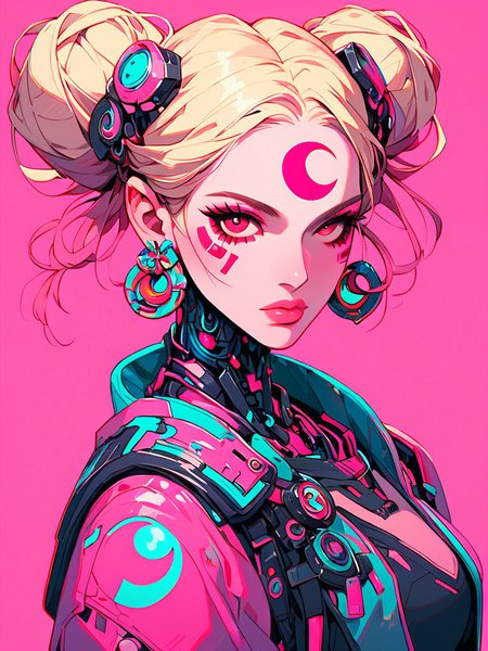 score_9, score_8_up, score_7_up, score_6_up, score_9, score_8_up, score_7_up, score_6_up, BREAK,
1girl, solo, long hair, looking at viewer, blonde hair, red eyes, holding, jewelry, jacket, upper body, earrings, hair bun, armor, lips, makeup, blue background, facial mark, moon, pink background, crescent, crescent moon, cyborg, crescent earrings, cyberpunk, crescent facial mark, double bun, 
simple background, pink theme, chromatic aberration, 
<lora:xl_more_art-full_v1:0.25>,
<lora:Psychedelic_Stylized:1>,