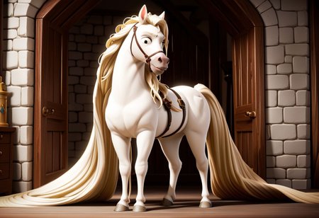 Score_9,  score_8_up,  score_7_up,  original style, 3d disney anime, Maximus the white horse, solo, (A full body image of a horse with an endlessly long white Rapunzel-Style mane), (absurdly long white Rapunzel-Style mane:1.4), (meters of hair without end:1.2)