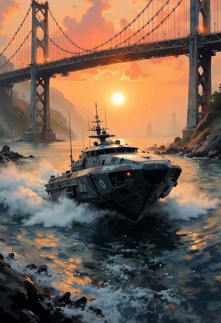 a_skynet_cyberdyne_craft, the image is featuring a, A dinkfsn style ink wash painting, intricate linework with expressive contrasts, gradient vibrant neon colour, rough, textural, broad brush strokes, a sleek military hovercraft in camouflage greys and blacks traversing rapidly across a choppy ocean, sunset, speeding under a suspension bridge