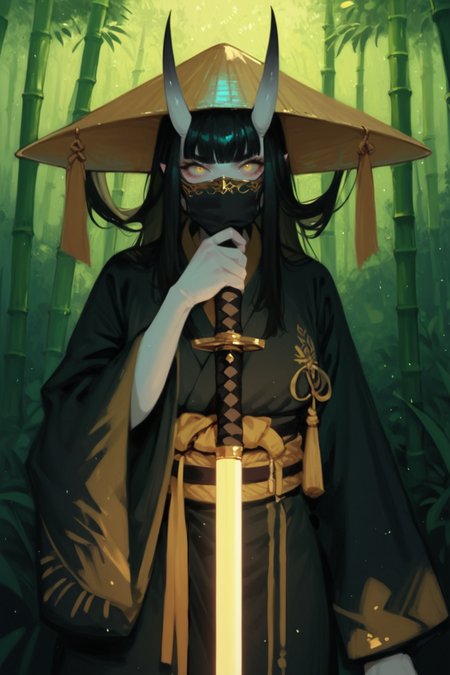 1girl, sword, weapon, solo, black hair, hat,  white skin, glowing, bamboo, horns, mask, looking at viewer, oni, colored skin, holding, holding sword, japanese clothes, holding weapon, bamboo forest, glowing sword, glowing weapon, covered mouth, wide sleeves, yellow eyes, black kimono, , horns through headwear, long sleeves, gold  katana,  nature, outdoors, forest, blunt bangs, night, mouth mask, , gold headwear, skin-covered horns, hand up, standing, planted, white  oni, light particles, cowboy shot, planted sword, gold trim, t, night, staircase, stairs, gold hair, zPDXL3, detailxl,  Score_PnyReal, (lineless:1.5)