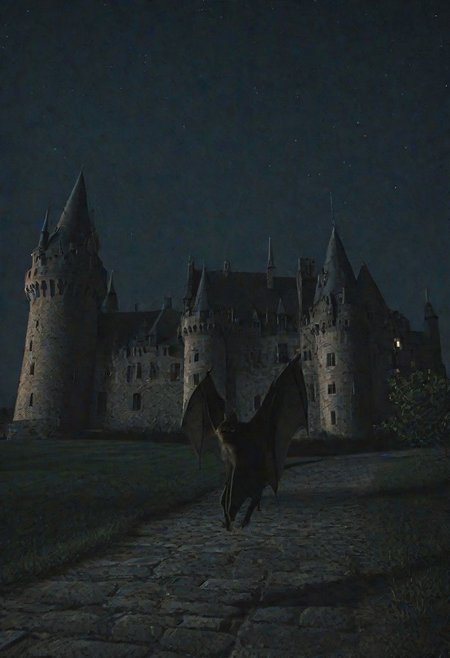 bat walking around a castle at night