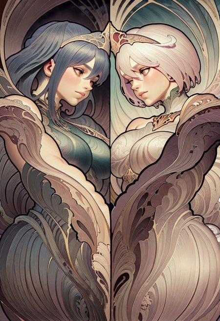 elphelt valentine \(guilty gear\),dizzy \(guilty gear\), 2girls, (idol:1.2),(split theme:1.2),polar opposites,split screen,symmetry,(symmetrical pose:1.1),w, [artist:alpha],(artist:ciloranko),solo,[artist:sho (sho lwlw)],[tianliang duohe fangdongye],[artist:rhasta],year 2023,(wlop:0.4), 
,masterpiece,best quality,amazing quality,very aesthetic,absurdres,newest, n0uve4u