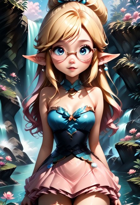 anime art. girl with blonde hair, cute blue eyes, glasses, pointy ears. pink short dress, small boobs, waterfall, fluffy tail