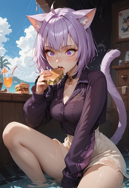 score_9, score_8_up, score_7_up, c3l3st3n01r, CelesteNoir, source_anime, zPDXL3, 1girl, solo, ((wide open mouth, wide eyes:1.3), eating a sandwich, hololive), okayuBase, short hair, purple eyes, purple hair, cat ears, cat tail, ahoge, skindentation, one foot up, barefoot, smooth image, cute, petite, slim, skinny, slender, soft lights, leaning on one knee, soft shadows, shiny skin, thin waist, Expressiveh, side view, (dripping wet, crystal clear water, partially submerged:1.1), cat paw flag on mast, pirate ship with cat paw flag in background, tropical island, 