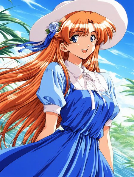 score_9, score_8_up, score_7_up, source_anime, rating_explicit, BREAK  <lora:Kobayakawa_Mizuho_XL:1> Kobayakawa_Mizuho, blue eyes, very long hair, orange hair, 1990s (style), bangs, breasts, 
1girl, solo, hat, sun hat, dress, short sleeves, flower, 1990s (style), hat flower, 
blue dress,  looking at viewer, open mouth, ribbon, cowboy shot, light smile.
looking at viewer, sky, outdoor,