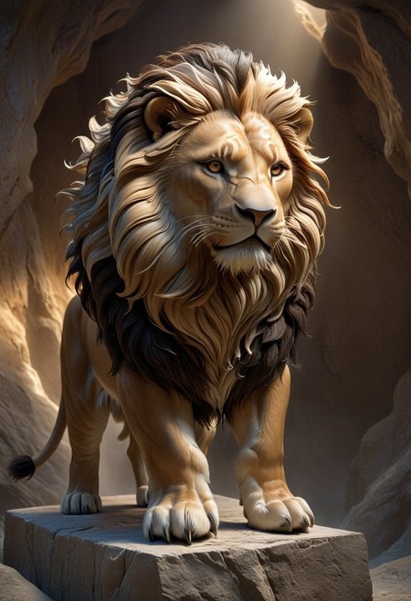 3D render of a majestic lion sculpture, hyper-realistic, intricately detailed fur, powerful stance, dramatic lighting, by Robert Kondo and Paul Komoda, high resolution, polished marble texture, museum quality display, showcasing strength and grace, with a naturalistic background. 
3d-rendering, concept-art, digital, dreaminess, futuristic, multimedia, sculpture, virtual-reality
concept-art, awesome full color, fantasy, epic, majestic, magical, dreamy, perspective, light and shadow, moody, epic, 
beautiful, painterly, aesthetic, textural, vivid, vibrant, intricate details, highly detailed, ultra-detailed, absurdres, 
aidmamj6.1, WhiteMold