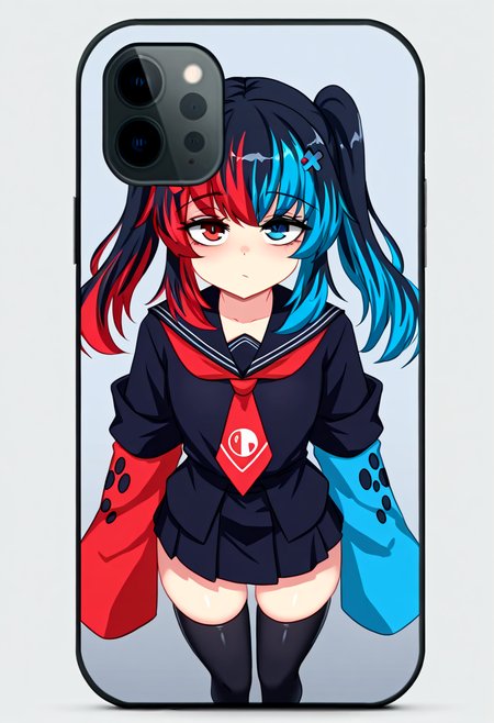 (masterpiece, high quality, amazing detail), highres, phone case, 1girl, NntndSwtch, personification, two-tone hair, multicolored hair, long hair, twintails, red hair, blue hair, black hair, heterochromia, red eyes, blue eyes, hairclip, school uniform, red necktie, black sailor collar, sleeves past wrists, sleeves past fingers, long sleeves, red sleeves, blue sleeves, black sleeves, serafuku, zettai ryouiki, black skirt, pleated skirt, black thighhighs, <lora:Waifu_phone_case:1> <lora:NintendoSwitchchan_illusXLNoobAI_Incrs_v1:1>