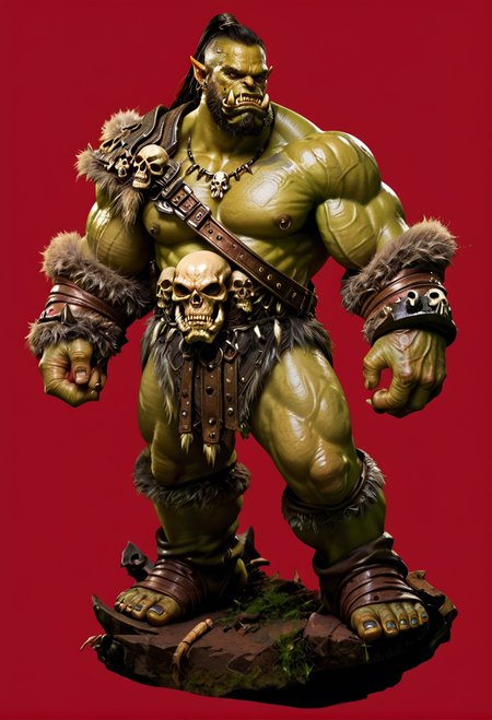 red background,,ruanyi0781,orc,monster boy,green skin,beard,full body,no humans,skull,
<lora:0781 Grommash Hellscream_v1_pony:1>, score_9,score_8_up,score_7_up,,8k,1girl,solo,,