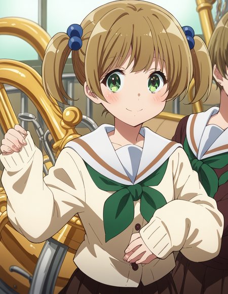 score_9, score_8_up, score_7_up, source_anime, <lora:satsuki-suzuki-s3-ponyxl-lora-nochekaiser:1>, satsuki suzuki, short hair, bangs, brown hair, hair ornament, twintails, green eyes, light brown hair, hair bobbles,, long sleeves, school uniform, serafuku, sailor collar, neckerchief, sleeves past wrists, cardigan, white sailor collar, kitauji high school uniform, green neckerchief, skirt, pleated skirt, brown skirt,, carousel, horses, ride, music, fun, smile, hand on stomach, blush,, looking at viewer, solo,, dutch angle, cowboy shot