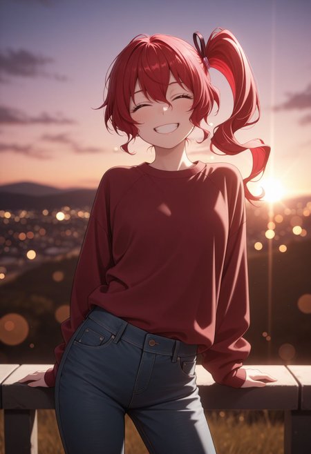 masterpiece,best quality,absurdres,highres,very aesthetic,high quality,detailed,insanely detailed,beautiful,perfect lighting, ,depth of field,blurry background,bokeh, looking at viewer, 
,  <lora:Teruko Ôkura illu:1> 1girl, red hair, side ponytail, red eyes, long hair, 
smile, happy, sunset, outdoors, open mouth, grin, closed eyes, leaning to the side, sweatshirt, jeans,