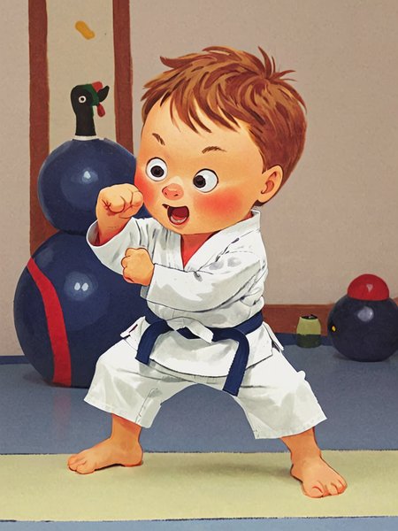 funny little boy, karate training in the gym, art by Richard Scarry
 <lora:Richard_Scarry_Style_XL:1>