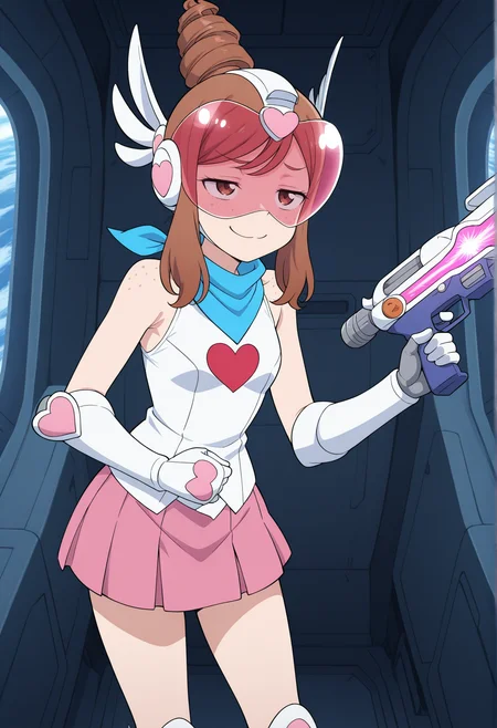 anime screenshot, anime screencap, anime coloring, 1girl, brown hair, brown eyes, freckles, long hair, sidelocks, drill hair, topknot, blue bandana around neck, white shirt, sleeveless, heart print, gauntlets, pink pleated skirt, boots, winged helmet, helmet, pink visor, indoors, science fiction, spacecraft interior, laser gun, smug, standing <lora:maverick_Eighth_Wonder:1>, masterpiece, best quality, amazing quality, very aesthetic, absurdres, highres, newest