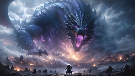 ethereal fantasy concept art of  (((Ultra-detailed, Hyper-realistic, 8k, highres, masterpiece,))),<lora:XL_boss_battle:0.6>,Bosstyle,dark fantasy art style,Mage fighting a giant fantasy dragon,burned village in background,highly detailed,Night,(mystical dense fog),epic scene,(dense smoke by Kim Keever),dark,moody,dark fantasy in style of Frank Frazetta,. magnificent,celestial,ethereal,painterly,epic,majestic,magical,fantasy art,cover art,dreamy,kkw-el-Lightning,kkw-el-fire,<lora:[XL]å·¨å½æ»å:0.45>,giant monster,Style-GravityMagic,