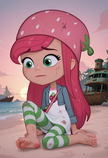1girl, solo,Strawberry_Shortcake, green eyes, peach skin, freckles, long hair, pink hair, strawberry-shaped beanie, white dress, pink straps, denim jacket, striped leggings, strawberry-shaped satchel, in the style of cksc, barefoot, feet, (by nekoda (maoda):0.7), detailed feet, Dirty clothing, dirty body, sad face, beach, tropical island, tropical background, shipwreck