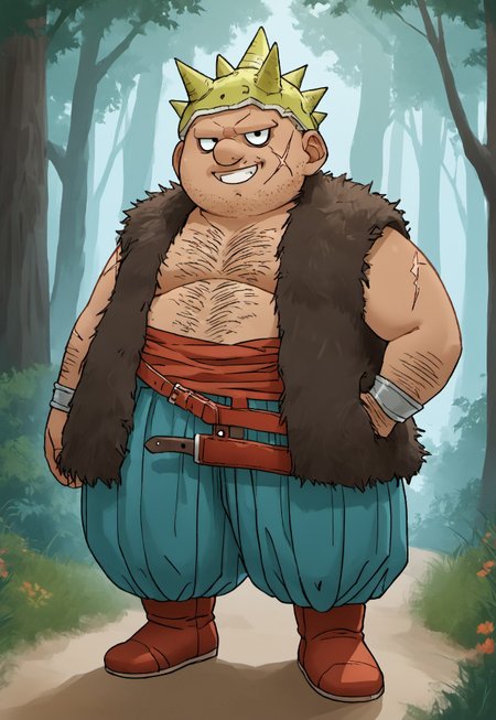 safe_pos, score_9, score_8_up, score_7_up, source_anime, rating_nsfw, ultra hd, absurdres, solo, masterpiece, best quality, best aesthetic, Expressiveh, wolfconf, 1boy

DQYangus, spiked helmet, chest hair, fat, scar on face, fur trim, battleaxe, forest, smiling, looking at viewer, full body, red belt, baggy pants