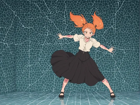 masterpiece,best quality,amazing quality,absurdres, (solo:1.4),  
 wind, fluttering hair, fluttering clothes, flat colors, high contrast, 
1girl, cheeky expression, high twintails,     pastel Orange hair, fair skin, shiny skin,      full body tattoo,                   
fractured glass walls, pulsating light, broken reflections, abstract, surreal, 
    dynamic pose,  
formal clothes, simple clothes, long skirt,  
<lora:feet_anime_il_v3:1> <lora:Perfect Hands:1> <lora:Crestyle_Illu:0.4> Crestyle <lora:anime_screencap-IllustriousV2:0.6>  <lora:Kizustyle_rank16_bf16:0.3> Kizustyle <lora:ThePinkPirate:0.3> The pink pirate,  <lora:flat_color_anime_xl:0.8> fca style <lora:Chon_style:0.3> <lora:re4lity:0.3> re4lity_sync_illu
