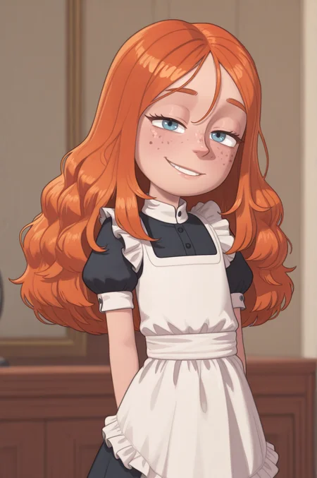 masterpiece, best quality, absurdres, 
1girl, maid, narrowed eyes, smile, black dress, puffy sleeves, white apron, looking at viewer, short sleeves,
 <lora:Poppy_Prescott_IllustriousXL_noobaiXLNAIXL:0.8> poppypres, orange hair, long hair, blue eyes, freckles,
 <lora:PossumMachine_v2:1> possmach,
