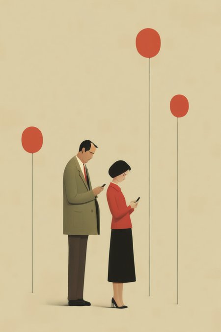 <lora:Alessandro Gottardo style:1>Alessandro Gottardo style - a man and a woman flirting through messages on the cell phone illustration Alessandro Gottardo