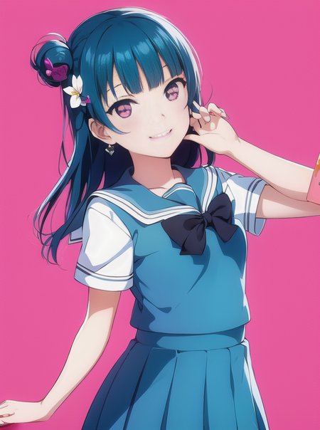 yoshiko, 1girl, solo, face closeup, two hands, smile, happy, (illustration:1.1),(best quality),(masterpiece:1.1),(beautiful and clear background:1.25),(extremely detailed CG unity 8k wallpaper:1.1), (colorful:0.9),(depth of field:0.75),( ink splashing:0.95),(color splashing:0.85),(watercolor:0.65), (cowboy shot:1.4),blue (school uniform:1.4),
1girl, bangs, dress, earrings,looking_at_viewer, neck_ribbon, smile,
classroom, indoor, sunny, detailed blue sky, <lora:yoshiko_v1:0.7>