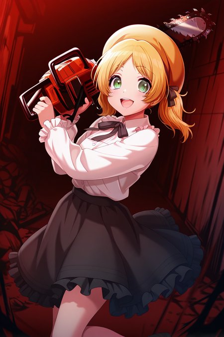 masterpiece, best quality, amazing quality,
 <lora:Miiko_IL:1> miiko, 1girl, chainsaw, skirt, green eyes, solo, hat, twintails, blonde hair, smile, shirt, frills, white shirt, black skirt, holding, open mouth, long sleeves, looking at viewer, casual