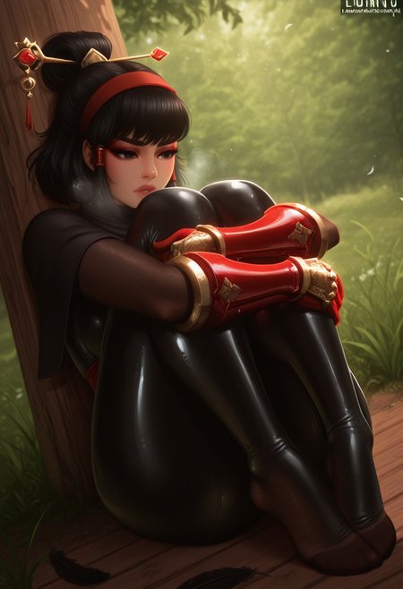 luminyu,  outdoors, undershirt, falling feathers, black bodysuit, hair stick, hugging knees, knees to chest, gauntlets, eyeshadow, red gloves, two sides up, black capelet, red hairband, black eyes, 1girl, solo, feet, visible breath, dynamic angle, foreshortening, smell, steam,