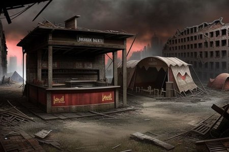 realistic, hyper-realistic, ultra detailed, 8k, photo,  
Wasteland city ruins, Collapsed modern city to ruins, red dust in every corner, very low vegetation, Collapsed city,  one dark skyscraper in distance, small round marketplace with few primitive tents at and in the ruins,  
Dark sky, cloudy sky, market stalls and market huts made from scrap and the ruins,
