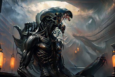(otherworldly), highly insanely detailed, masterpiece, top quality, best quality, highres, 4k, 8k, RAW photo, (very aesthetic, beautiful and aesthetic),  
xenomorph,alien \(series\),1other,xenomorphdna,FemXeno,xenomilf,nested mouths,multiple mouths,extra mouth,fangs,teeth,sharp teeth,fang,claws,tail,spiked tail,spines,black skin,arm blade,pauldrons,drooling,long tongue,mouth drool,tongue out,saliva,saliva trail,giant monster,giant,monster girl,shoulder spikes,spikes,laser sight,machinery,tree,ventilation shaft,capsule,skull,stairs,hive,egg,ovomorph,green blood,no humans,injury,dark,see-through, 
<lora:FemXeno:1>, 
(1girl:1.3), eyes focus, 
Bathhouse,Steam-filled chamber with a sunken bathing pool lined with tiles,shelves stacked with aromatic oils and perfumes,woven baskets for towels,flickering oil lamps,and intricate tile mosaics depicting scenes of daily life,âââ