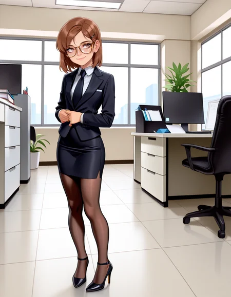 masterpiece, best quality, very aesthetic, absurdres,
indoors, office, 
full body, long eyelashes, light smile,
<lora:Megan_v01_NAIXL-000012:1>,
M364n,1girl,brown hair,short hair,hairclip,glasses,brown eyes,freckles,office lady,necktie,suit,pencil skirt,brown pantyhose,high heels,
