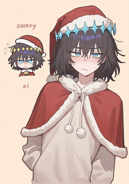 Masterpiece, Best Quality, Best Score, Best Anatomy, simple background, warm background,
upper body,androgynous, chibi, 
(1boy,oberon vortigern, dark hair,blue circlet,blue eyes),
irritation,
christmas outfit, santa hat, 
ppka, doremifaso64, 
<lora:nyalia_NoobXL:0.6>,  <lora:furu00tck:0.3>,  <lora:nabibutterILLUS:0.1>,  <lora:doremifaso64_style_ill_v1:0.2> ,<lora:Popoka-Illustrious:0.2>
