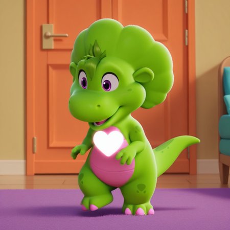 ((masterpiece, best quality, amazing quality,))  bopbwil, semi-anthro, female, dinosaur, green skin, green hair tuft, purple eyes, solo, inside, full body, glowing heart