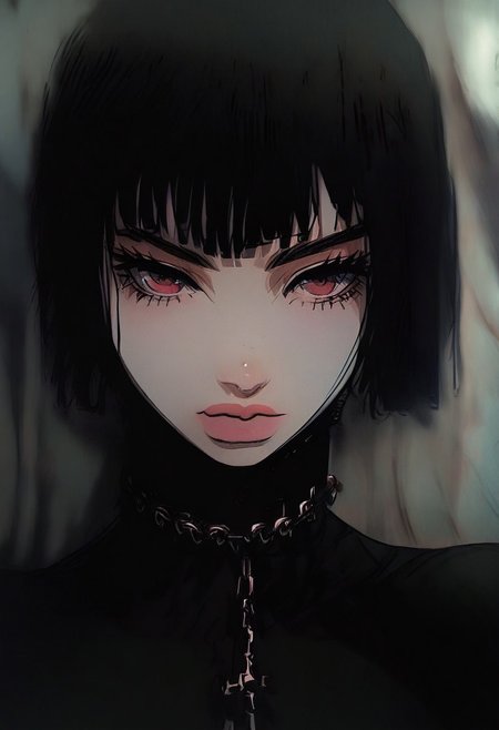 gthan, 1girl, solo, short hair, black hair, jewelry, looking at viewer, necklace, cross, portrait, bangs, red eyes, closed mouth, turtleneck, blurry background, cross necklace, lips, piercing, blurry, bob cut, eyelashes, d41z3n