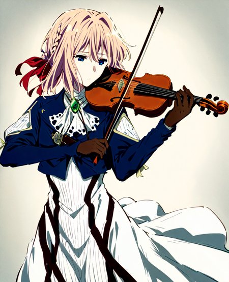 <lora:xtq:0.7>,violin,instrument,playing instrument,holding,bow \(music\),holding instrument,<lora:Vincent_Sketch_Manga:1>,daiton,<lora:èå°èç¹XLV1.F1mb:1>,aave,braid,hair ribbon,red ribbon,jewelry,white ascot,brooch,blue jacket,long sleeves,brown gloves,white dress,long dress,, masterpiece,best quality,very aesthetic,absurdres,8k,<lora:ä¿®æsl:1>,