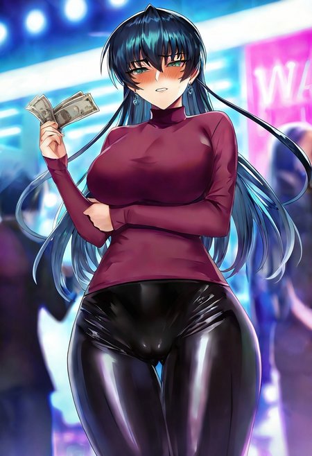 safe_pos, masterpiece, good quality, best quality, very as2, absurdres, highres, shadow, sidelighting, bloom, official art, official wallpaper, game cg, 
1girl, Igawa Asagi, long hair, hair between eyes, black hair, blue hair, green eyes, wearing black leather pants, shiny pants, cameltoe, purple turtleneck jersey, long sleeves, earrings, latex thigh high boots, 
large breasts, thighs, curvy, standing in nightclub, neon lights, holding a handfull of money, blushing, blurry background, 
<lora:Igawa Asagi3216NoobAIVpred10MinSnr:1>