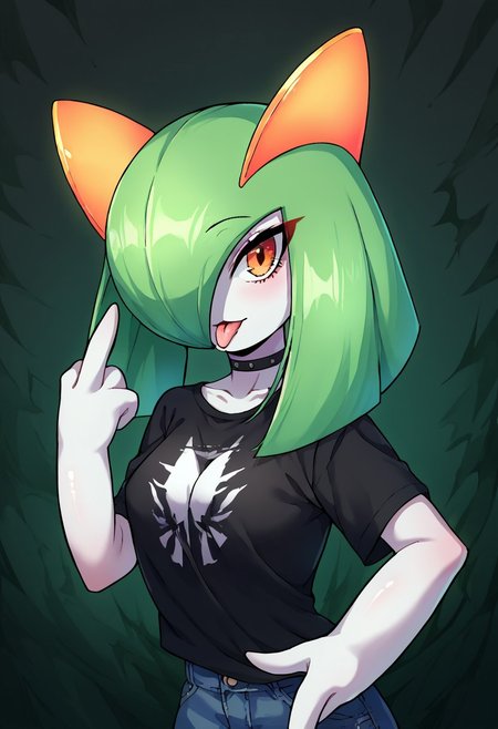 (((Kirlia))), female, anthor, score_9, score_8_up, score_7_up, source_anime, ,
 1girl, Kirlia , long hair, emerald green hair, brown eyes, black shirt, t-shirt, black choker, goth, eyeliner, eyeshadow double middle finger, tongue out,, pale white skin