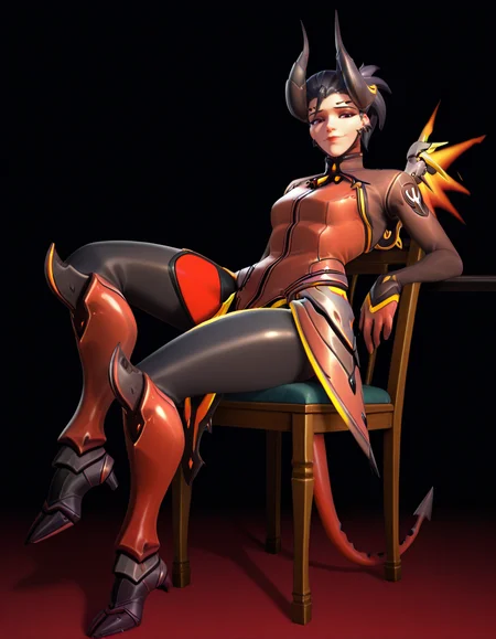 score_9, score_8_up, score_7_up, Masterpiece, high-res, 2k, best quality, 2.5d, 1girl, mercy (overwatch), devil mercy , black hair, tail <lora:Devil_imp_mercy-000043:1> Sitting on a chair with one leg crossed over the other