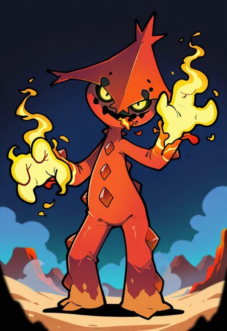 itsunknownanon, solo, feral, pokemon \(creature\), cacturne, glowing eyes, yellow eyes, red and yellow body, Magma body, lava coming from mouth, fire coming from hands, burning hands, stone body, top heavy body, looking at viewer, head tilt, simple background, outdoors, night, desert, fog, dark background, masterpiece, absurdres, ultra-detailed, sharp details, natural light, medium contrast, crisp edges, sharp focus, depth of field, cartoonish, female, simple arms, simple legs, sinister demeanor