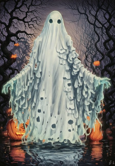 score_9, score_8_up, score_7_up, score_6_up, hllwn,MNSTR, monster girl halloween, vintage,  1girl, ghost, curvy, ghost costume, no humans, ghost, tree, halloween, bare tree, outdoors, signature, water, cemitery, traditional media.
BREAK
female body, curvy, no pupils, 
