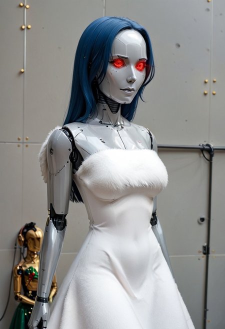 A 35mm photo a woman, she is a humanoid robots , robotic body, vibrant green robotic eyes, freckles, smooth featureless silver grey robotic skin, robotic aerials, metallic dark blue hair, elegant red Christmas satin dress with white fur trim, 
mannequin, faceless, egghead, noface, cyborg, TheFaceLess